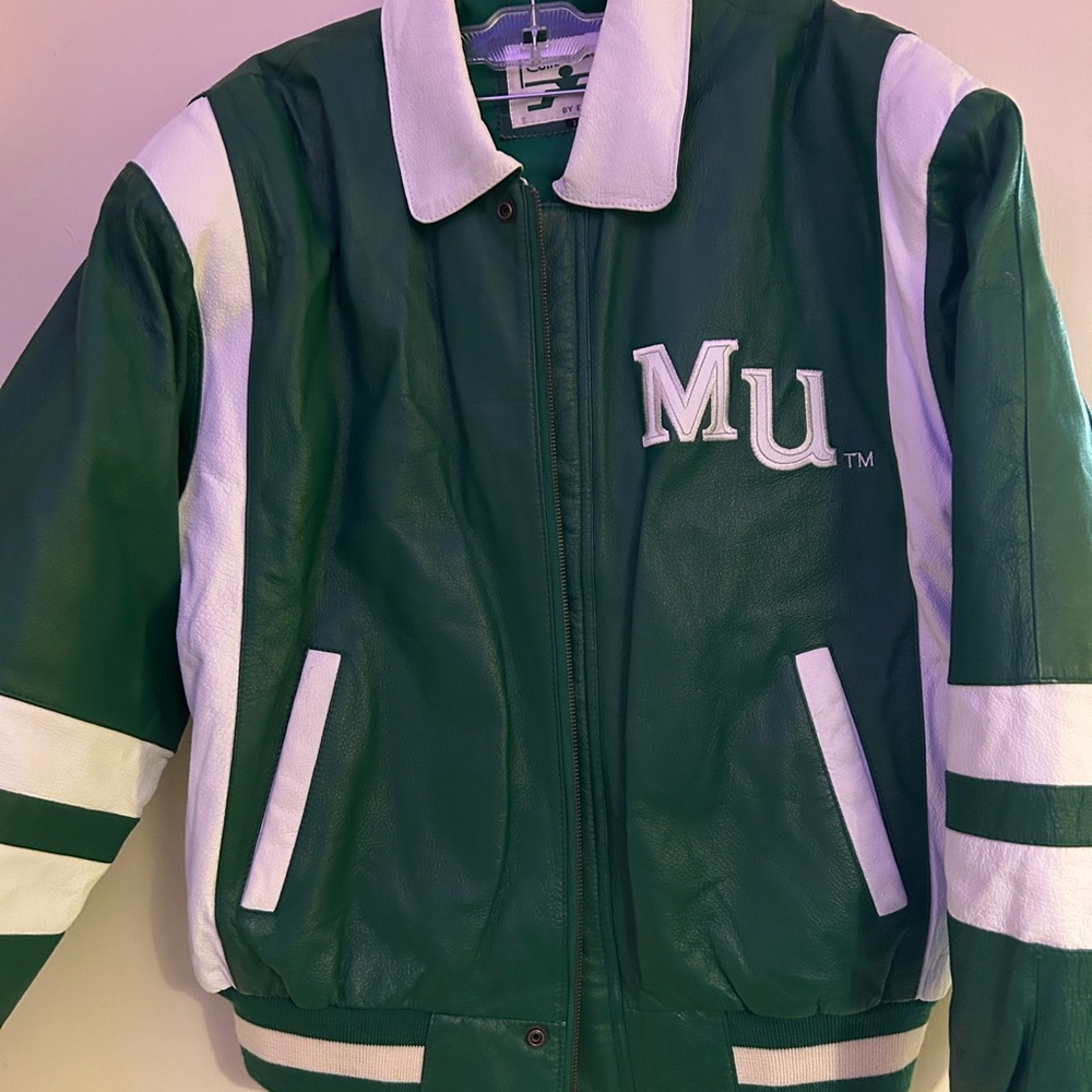 Green and White Thundering Herd leather Varsity Jacket